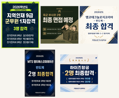 <p>🎉 기쁜 취업 합격 소식을 전해드립니다! 🎉</p>
<p>
   <br />
</p>
<p>우리 학교 학생들이 자신의 진로를 향해 성실하게 준비하고 꾸준히 노력한 결과, 여러 기업에 합격하는 값진 결실을 이루었습니다. 👏👏</p>
<p>
   <br />
</p>
<p>🏢 엠코테크놀로지코리아(주) 최종 합격</p>
<p>반도체 분야</p>
<p>✅컴퓨터응용기계과 3학년 정민지</p>
<p>
   <br />
</p>
<p>🏢 MTS코퍼레이션 합격</p>
<p>반도체 분야</p>
<p>✅전기전자과 3학년 최영찬</p>
<p>✅전기전자과 3학년 이정호</p>
<p>
   <br />
</p>
<p>✈️ 하이즈항공 합격</p>
<p>항공 분야</p>
<p>✅컴퓨터응용기계과 3학년 권해영</p>
<p>✅컴퓨터응용기계과 3학년 이재윤</p>
<p>
   <br />
</p>
<p>🎖️ 지역인재 9급 군무원 1차 합격</p>
<p>✅ 탄약 직렬 전기전자과 3학년 김O찬</p>
<p>✅ 전기 직렬 전기전자과 3학년 박O별</p>
<p>✅ 기체 직렬 전기전자과 3학년 전O영</p>
<p>
   <br />
</p>
<p>🪖 육군 부사관 1차 합격</p>
<p>✅컴퓨터응용기계과 3학년 정O호</p>
<p>✅컴퓨터응용기계과 3학년 권O영</p>
<p>
   <br />
</p>
<p>각자의 목표를 향해 묵묵히 노력하여 자랑스러운 성과를 이룬 학생들에게 진심 어린 축하의 박수를 보냅니다. 새로운 출발선에 선 학생들이 현장에서도 자신의 역량을 마음껏 펼치며 훌륭한 인재로 성장하기를 응원합니다. 🌟</p>
<p>
   <br />
</p>
<p>그동안 학생들의 진로와 취업을 위해 따뜻한 관심과 응원을 보내 주시고 정성껏 지도해 주신 모든 선생님께도 깊이 감사드립니다.</p>
<p>
   <br />
</p>
<p>학생들의 빛나는 앞날을 다 함께 축하해 주세요!&nbsp;</p>
